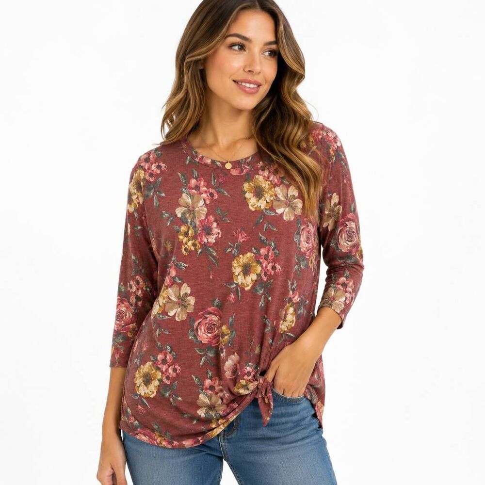 Lovely J Floral Knot Front Tunic Top Large Boho